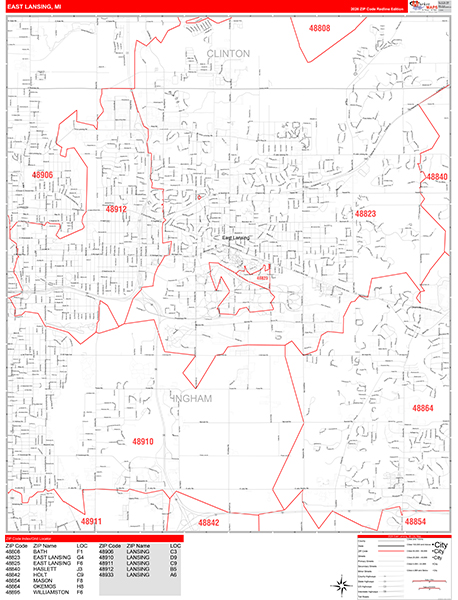 East Lansing Zip Code Wall Map